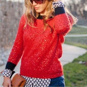 J Crew Sequin Sweater Red Navy Large Wool Mohair Blend